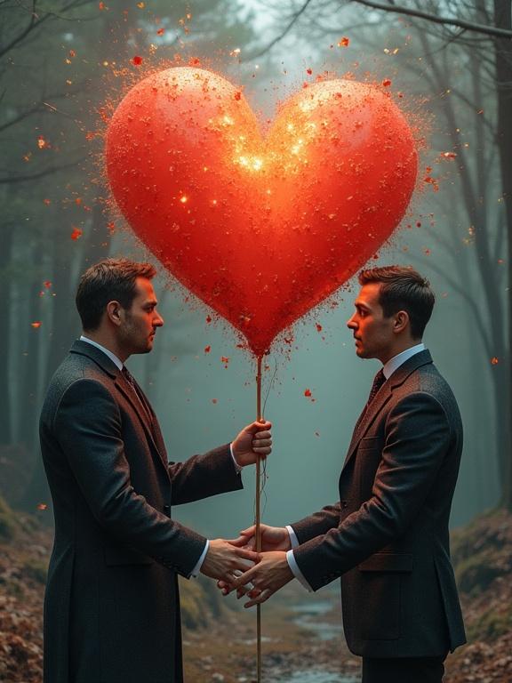 Two men in formal attire holding a large red heart balloon in a misty forest setting. They are looking at each other with seriousness and connection. The heart appears to be glowing and bursting with texture.