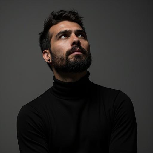 Portrait of a man. He has a beard and is wearing a black turtleneck. Background is dark.
