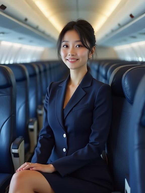 A short flight attendant confidently sits in an airplane seat. She has black hair with a formal navy blue unbuttoned uniform. The interior shows organized rows of seats.