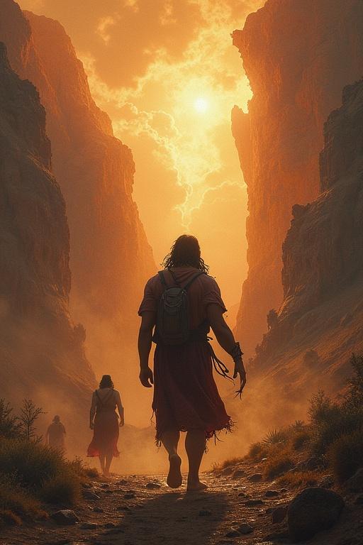A person walks down a canyon at sunset. The scene displays a majestic landscape with light illuminating the path. Two other figures are present in the background, moving towards the light.