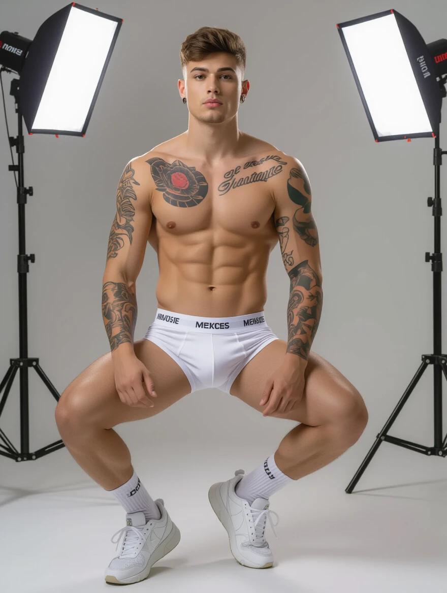 Young male model poses in white underwear with tattoos full of athletic build. Studio setup with two bright lights on each side creating a professional photography scene. Sneakers and white socks add to the modern look.