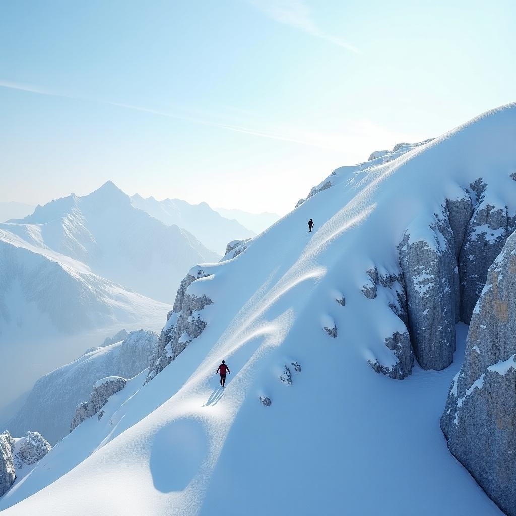 Frosty mountain slope is climbable with climbers present. Two figures ascend the snowy terrain under a clear sky.