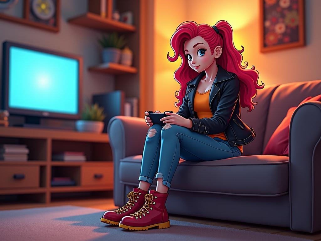 Sunset Shimmer at home. Human girl with red and yellow hair. Wearing black biker jacket, orange shirt, ripped jeans, red hiking boots with yellow laces. Playing a video game on her console.