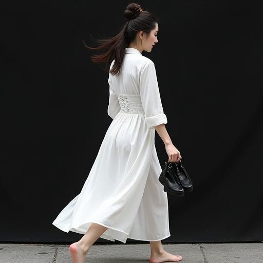 Chinese woman wearing white dress walking barefoot holding shoes in right hand on black background