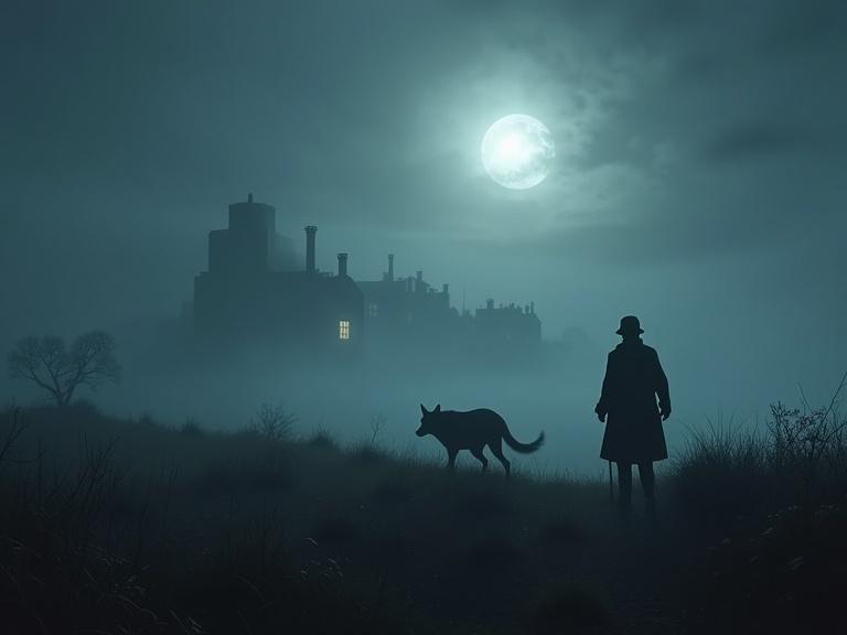 Moor covered in mist. Full moon glowing overhead. Spectral hound with glowing eyes visible in fog. Baskerville Hall looming in the distance. Silhouettes of Sherlock Holmes and Dr. Watson stand alert. Tense atmosphere in eerie landscape.