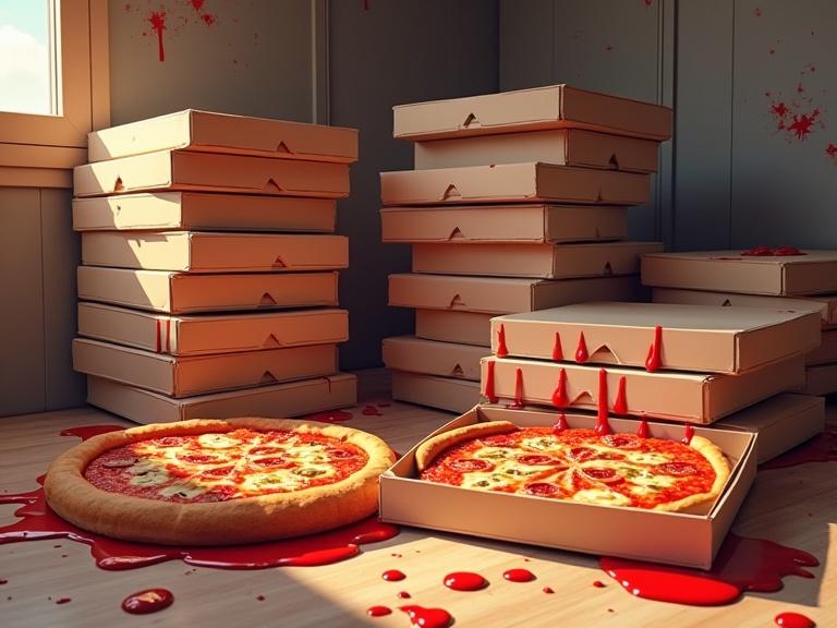 Stacks of pizza boxes Some boxes are open revealing moldy pizza Warm natural light casts shadows Pizza is placed on the floor with a focus on the mold and stains
