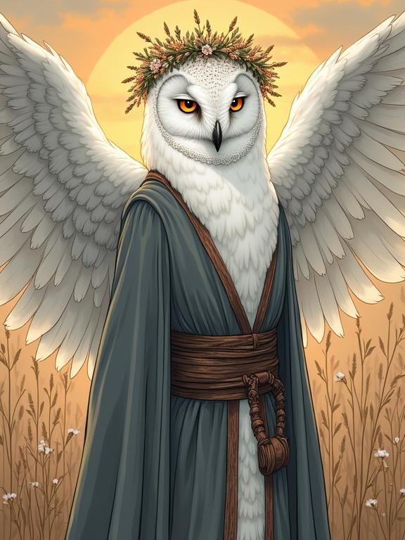 Anime-style digital illustration of a white owl wearing a traditional gray robe with a wildflower wreath. Owl has sharp intelligent eyes and spread wings. Background features painted mystic runes on old papyrus. Soft warm lighting creates a mystical atmosphere. Detailed textures and realistic anatomy in the artwork.