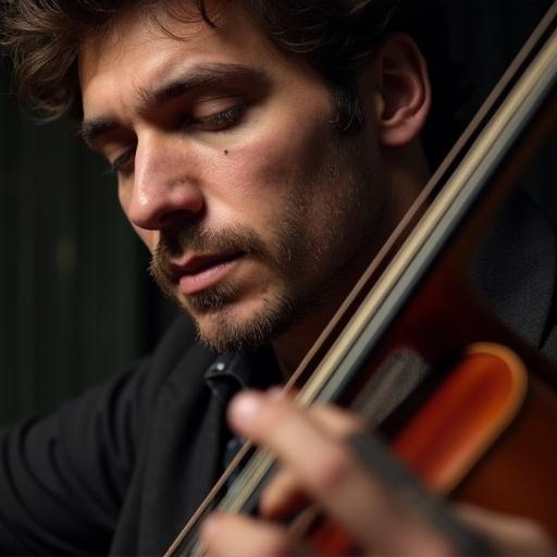 Close-up shot of a musician in Prague playing an instrument with deep focus on expression. The background is slightly blurred, emphasizing the musician's features and technique.