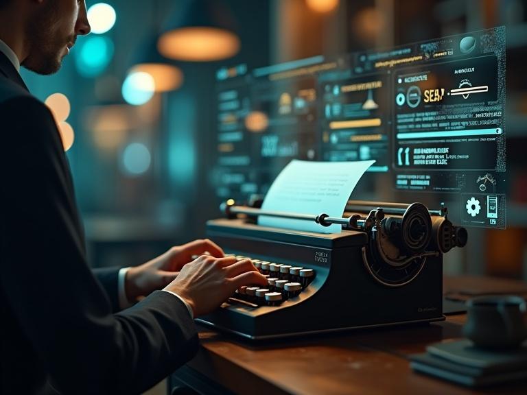 Vintage-style scene featuring an individual using a classic typewriter with futuristic AI elements. Glowing search bars and semantic tags surround the individual. Blend of retro fonts with contemporary tech visuals.