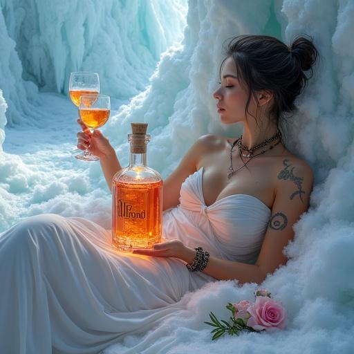 A goddess in white attire offers a toast with a glass in a mystical setting. A glowing bottle labeled 'ALFRUNO' is prominently displayed. Cocktails filled with shimmering liquid are nearby. The background features a fantasy ice cave with a vaporous ambiance.