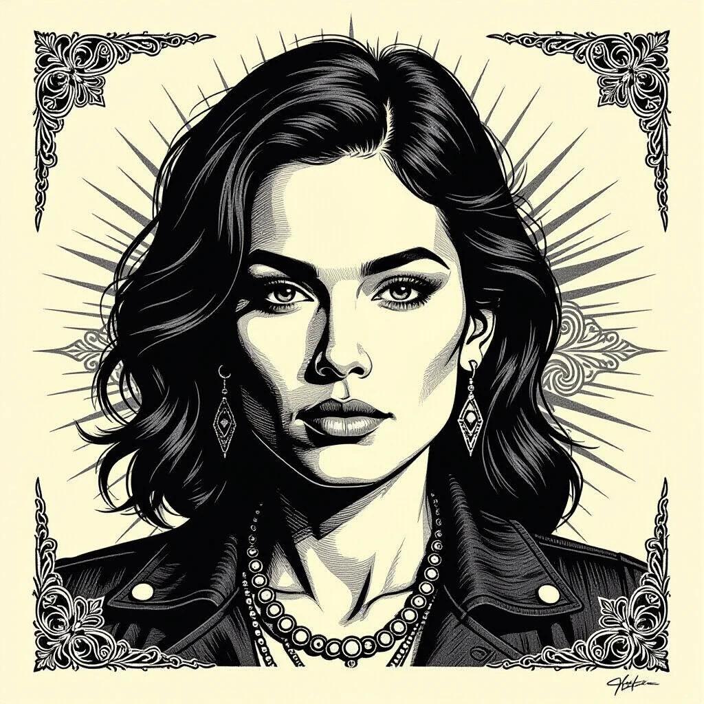 A bold pencil sketch on textured paper shows a stylized activist figure with an intense gaze surrounded by ornamental patterns and motifs. Graphic composition features high-contrast monochrome linework true to Shepard Fairey’s style.