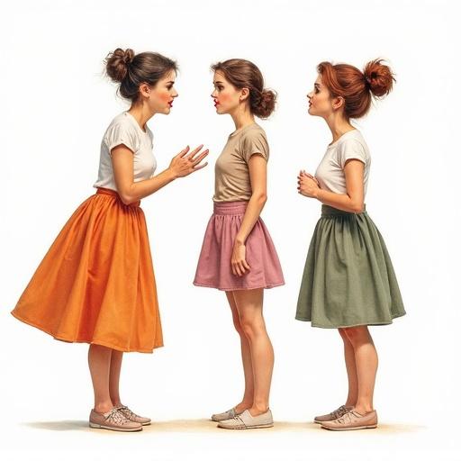 Realistic watercolor illustration with three women in a comical argument. Each wears a different colored skirt. Expressions are exaggerated and humorous. Full body view shows diverse sizes and shapes. Simple white background enhances the image.