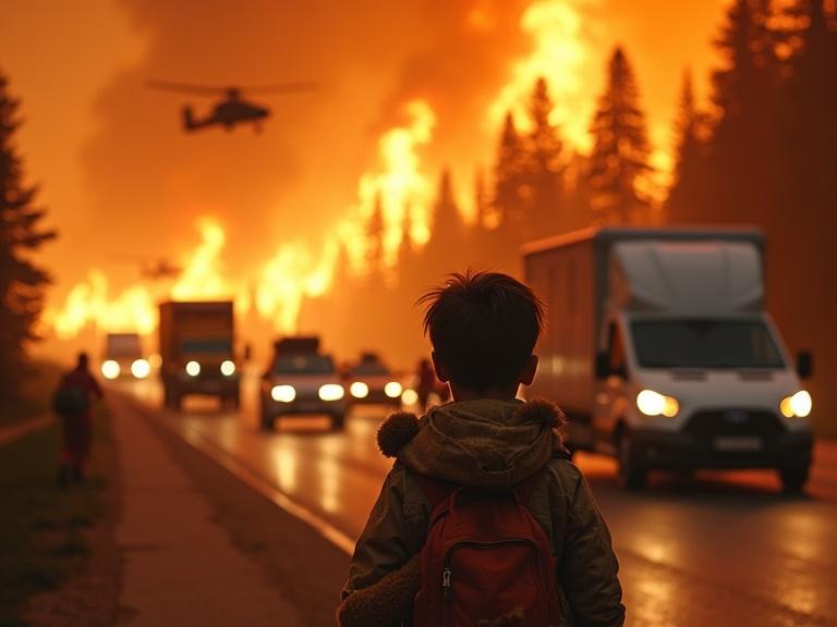 A hyper-realistic cinematic portrayal of evacuees fleeing wildfires in Canada and the U.S. Ominous orange sky loaded with smoke. Families packing belongings into cars. Firefighters battling flames. Helicopters dropping water. A convoy of vehicles on a highway. Child holding a soot-covered teddy bear, looking back at home engulfed in flames. The mood is tense yet resilient.