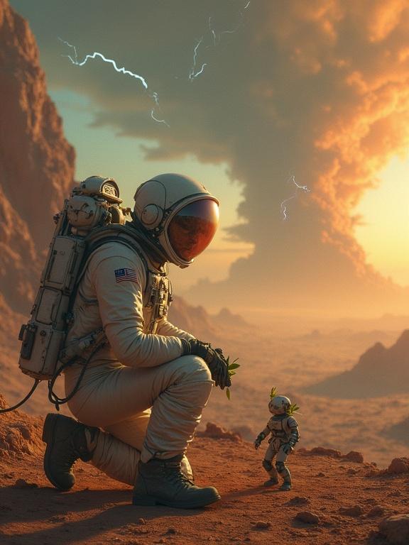 Astronaut kneels on a desolate planet. A small plant grows inside a glass helmet modified as a greenhouse. The landscape is devastated with remnants of advanced civilization. An approaching dust storm is visible on the horizon. Multicolored lightning illuminates the storm. Makeshift shelter is built from spacecraft wreckage. Small robots work to strengthen the shelter.