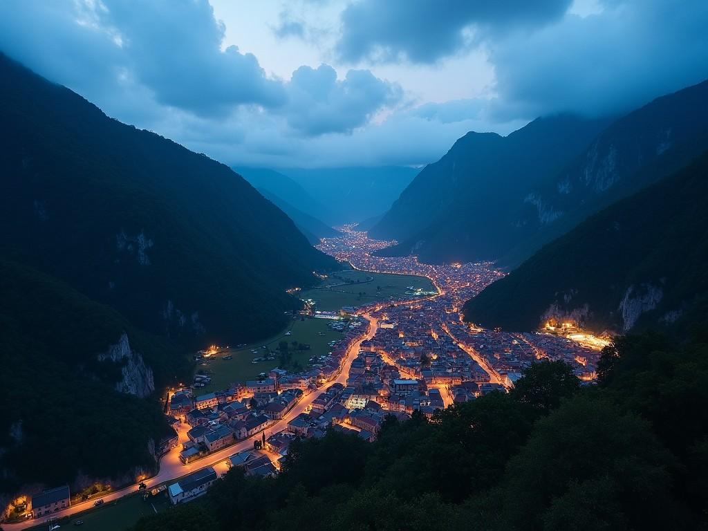 A picturesque town illuminated by streetlights in a valley during dusk with surrounding mountains and a blue sky.