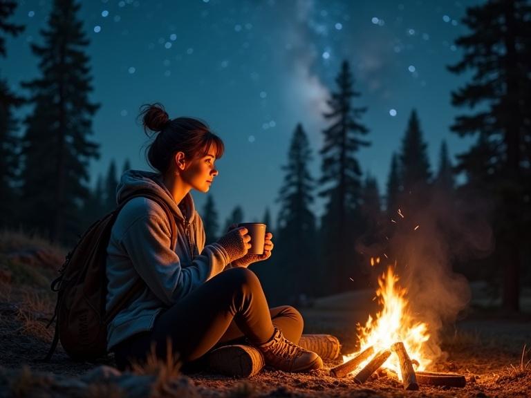 Woman sitting cross-legged by a campfire. She holds a steaming mug of drink. Surrounded by towering pines and under a starry sky. Cozy fleece jacket and leggings worn. Dusty hiking boots beside her. A wool blanket over her shoulders. Peaceful camping scene with firelight flickering.