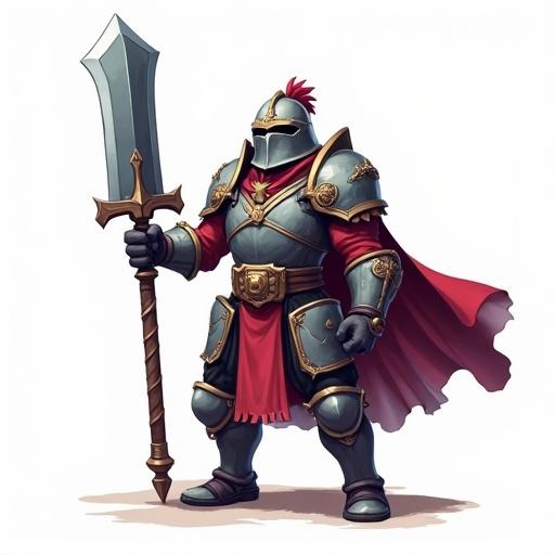 Iron kata icon representing a knight in ARPG style. Knight wears silver armor with red accents and a flowing red cape. Large sword in one hand and spear in the other. No background with a transparent background.