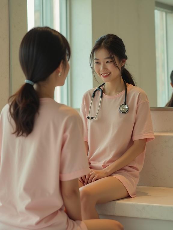 Ultra low angle shot features petite Chinese female in sheer light pink cotton t-shirt. She sits on mall counter, one leg crossed, wearing heels. Stethoscope draped around neck, hair neatly tied back, back facing camera. Engaging in playful conversation with female patient, both visible. Softly lit bathroom enhances intimate, inviting mood. Body language shows flirtation and curiosity.