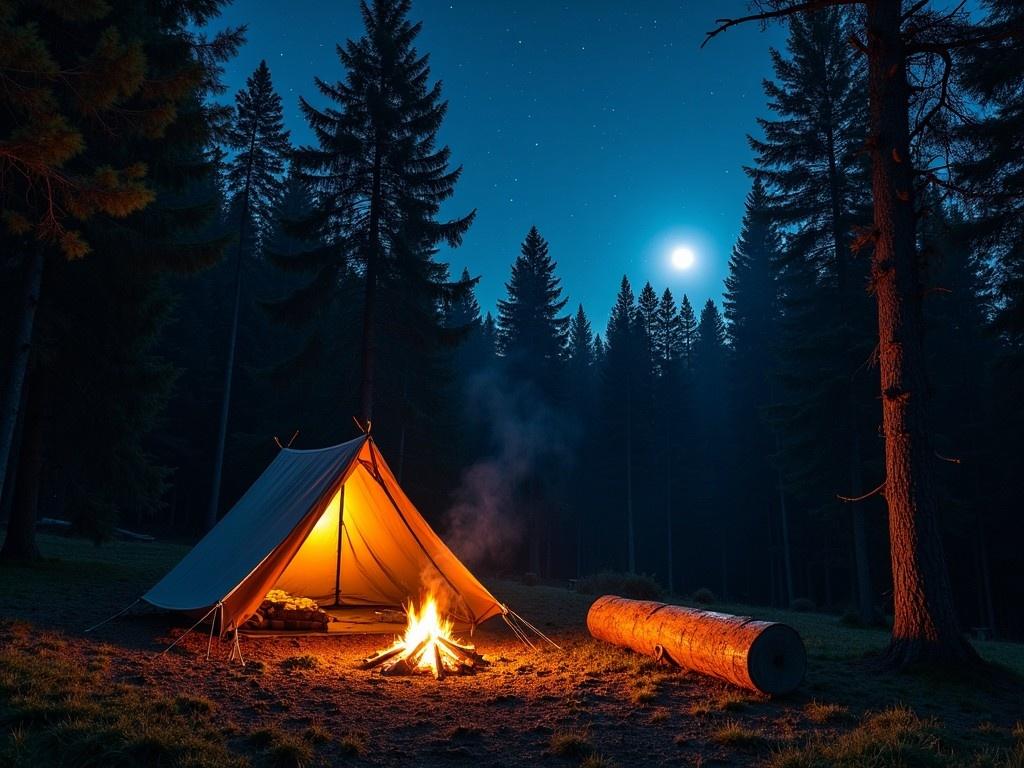 The image depicts a cozy camping scene at night. A bushcraft tarp shelter is set up, illuminated from within by a warm glow. Nearby, a campfire crackles, casting light and warmth into the cool, starry night. A full moon hangs in the sky, surrounded by twinkling stars, while dense trees encircle the campsite. A large log rests close to the fire, completing the tranquil outdoor ambiance.