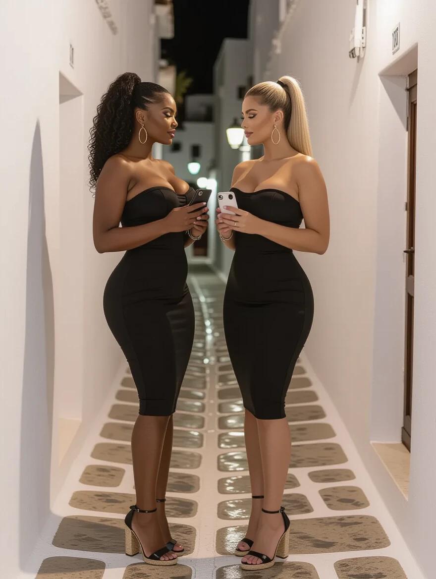 Two tall women stand in a narrow alley in Mykonos at night. One has black curly hair; the other has straight blonde hair. Both wear black strapless dresses and high heels. They hold iPhones and face each other. The lighting softens the scene.
