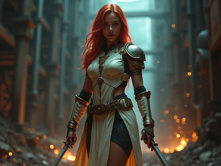 A woman in fantasy armor stands confidently in a ruined refinery. Her black-red hair catches the light. Sparking machinery surrounds her. Two daggers rest at her sides. The setting is dark with a mystical glow.