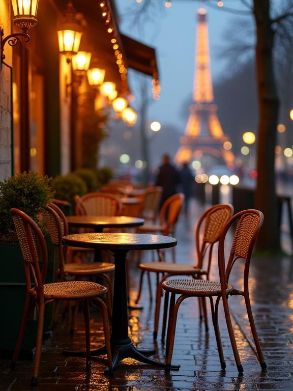 Captures a Parisian café scene on a rainy evening featuring an illuminated Eiffel Tower. The focus is on café furniture arranged along a glistening cobblestone street.