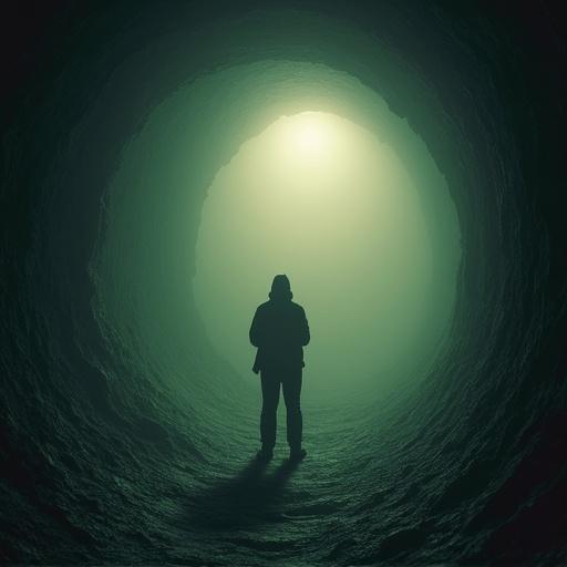 Atmospheric image shows a person standing at the bottom of a well seen from above. Mysterious and moody tones with a soft light illuminating the scene.
