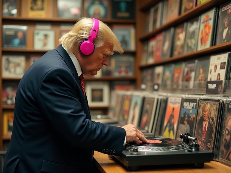Scene of a person engaging with a DJ turntable in a record store. Record collections are displayed in the background. Subject wears pink headphones. Focus is on the turntable and vinyl record.