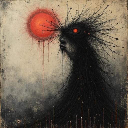 Abstract art featuring a figure with thread-like hair and glowing red eyes against a backdrop of a red sun. The design incorporates darker colors with an emphasis on texture and depth.