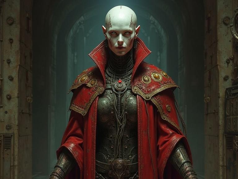 A tall female cyborg in ceremonial, torn and stained Mechanicum robes stands in a dark vault. Her pale face shows no emotion. Glowing eyes have a soft light. She is connected to a humming data-engine. Expression is serene yet anxious.