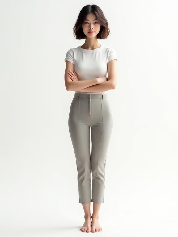 A realistic full-body photo of a young woman with short dark brown hair. She stands upright in a relaxed pose. The background is plain white with no objects. The lighting is studio quality.