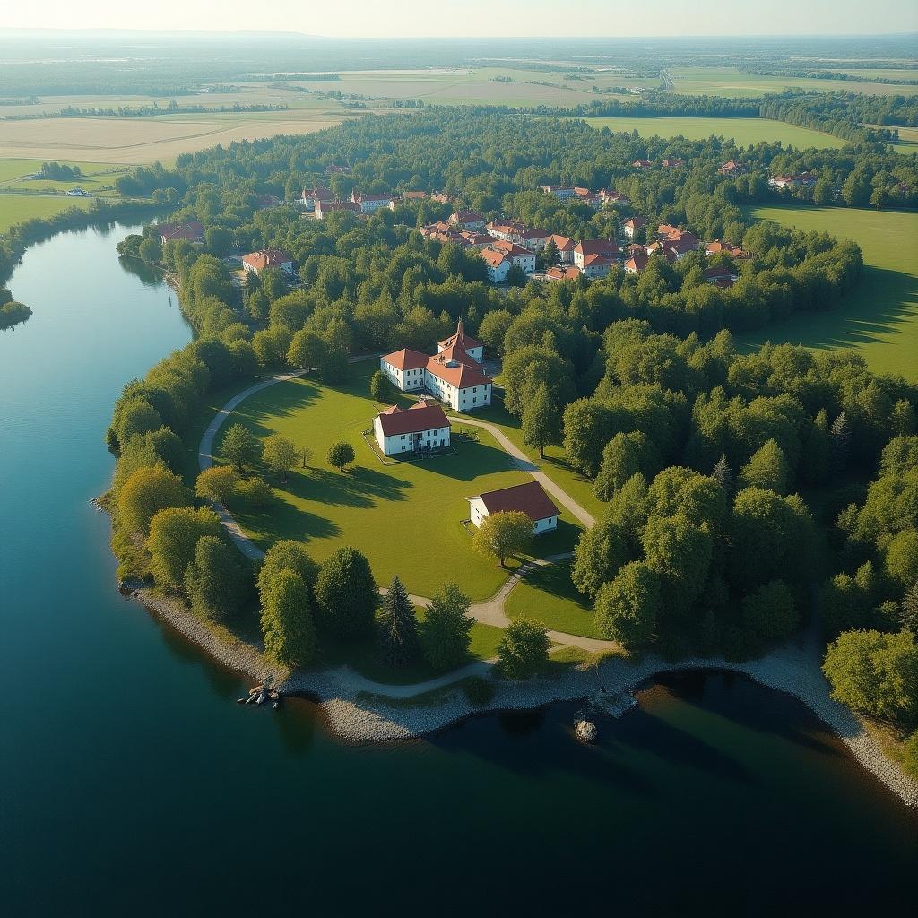 Aerial view of a town surrounded by greenery and water. The landscape features a peaceful setting with buildings, trees, and a lake.