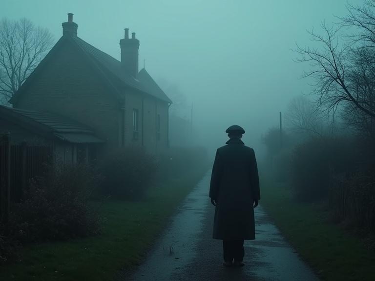 Fog in English village at dusk. Retired inspector in hat and coat standing path. House with light. Garden in view. Atmosphere thick with unease. Coincidence blurs with malice. Suspenseful and foreboding feeling.
