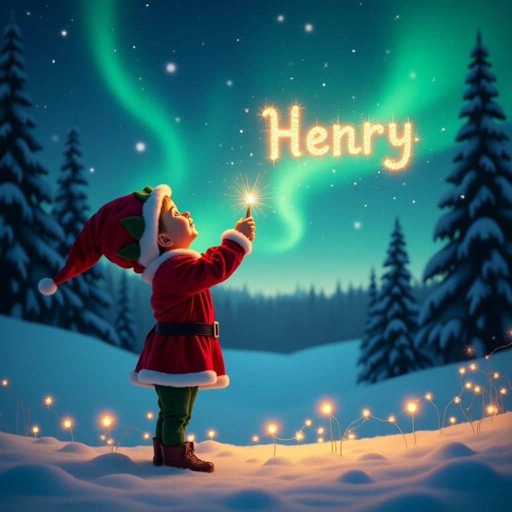 Cheerful child in elf costume gazes at night sky. Uses wand to spell 'Henry' with sparkles. Background has northern lights and snow-covered evergreen trees. Foreground features glowing fairy lights. Evokes holiday joy and wonder.