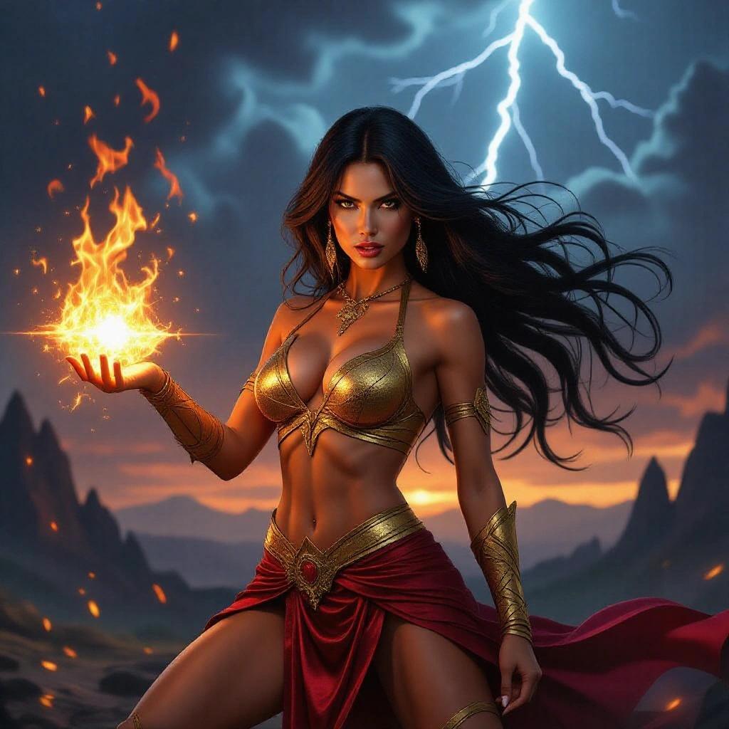 A stunning woman with long black hair wears shimmering gold and crimson fabrics. She casts a fireball from her hands in an action pose. The background has dark clouds and lightning, creating a magical atmosphere. Intense lighting highlights her expression and the fireball's colors.