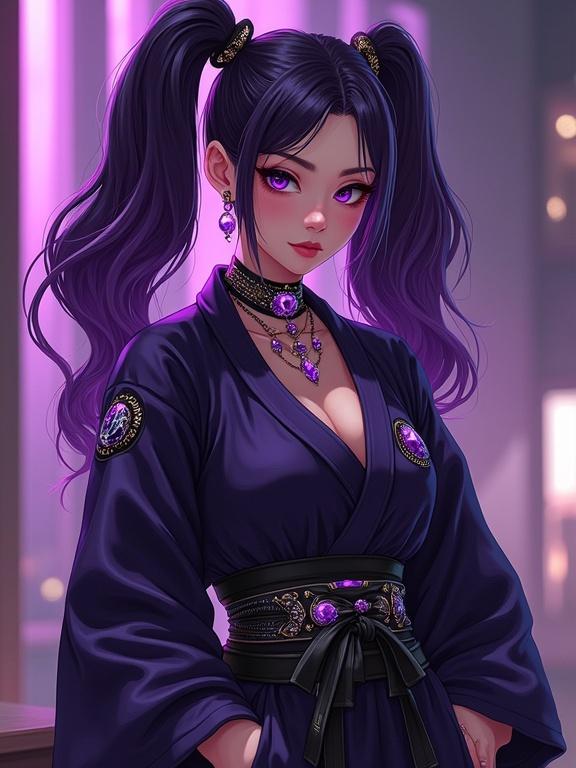 Anime character installation in a luxurious dojo. Woman wears stylish judo gi. Features amethyst purple jewelry and tattoos. Modern design reflects black hole society vibes. Serious expression and dynamic pose enhance martial arts theme. Large windows reveal a futuristic urban backdrop.