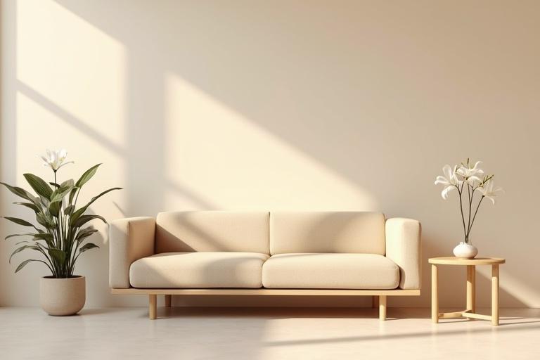 Rendering of a minimalist living room. Features a beige couch with a small wooden coffee table. Including two plants. Lightens the space with natural sunlight. Ideal for a modern aesthetic.