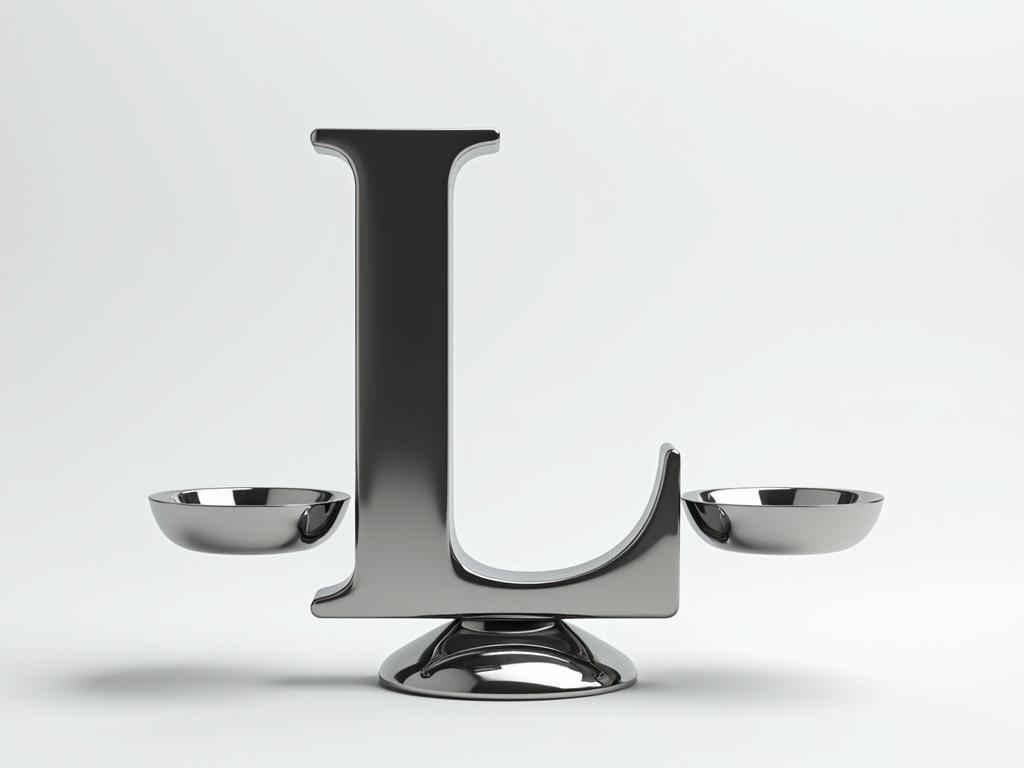 Create an image featuring a realistic chrome letter 'L', polished and shiny, that looks three-dimensional yet presented in a flat, two-dimensional style. The 'L' should symbolize balance, resembling a scale with its two arms evenly lifted, representing equality and stability. Use light reflections and shadows to enhance the metallic surface, giving it depth while maintaining the flat presentation. Surround the letter with a minimalist background that doesn't detract from the 'L', keeping the focus on its chrome shine and metaphorical significance. Ensure the overall design is sleek and modern, evoking a sense of value and professionalism.