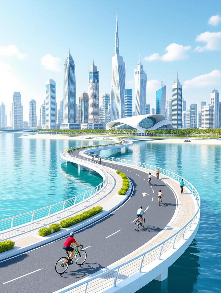 Design poster inspired by Abu Dhabi Corniche. Include a winding path for cyclists. Show iconic architecture of the Corniche. Use a bright color palette.