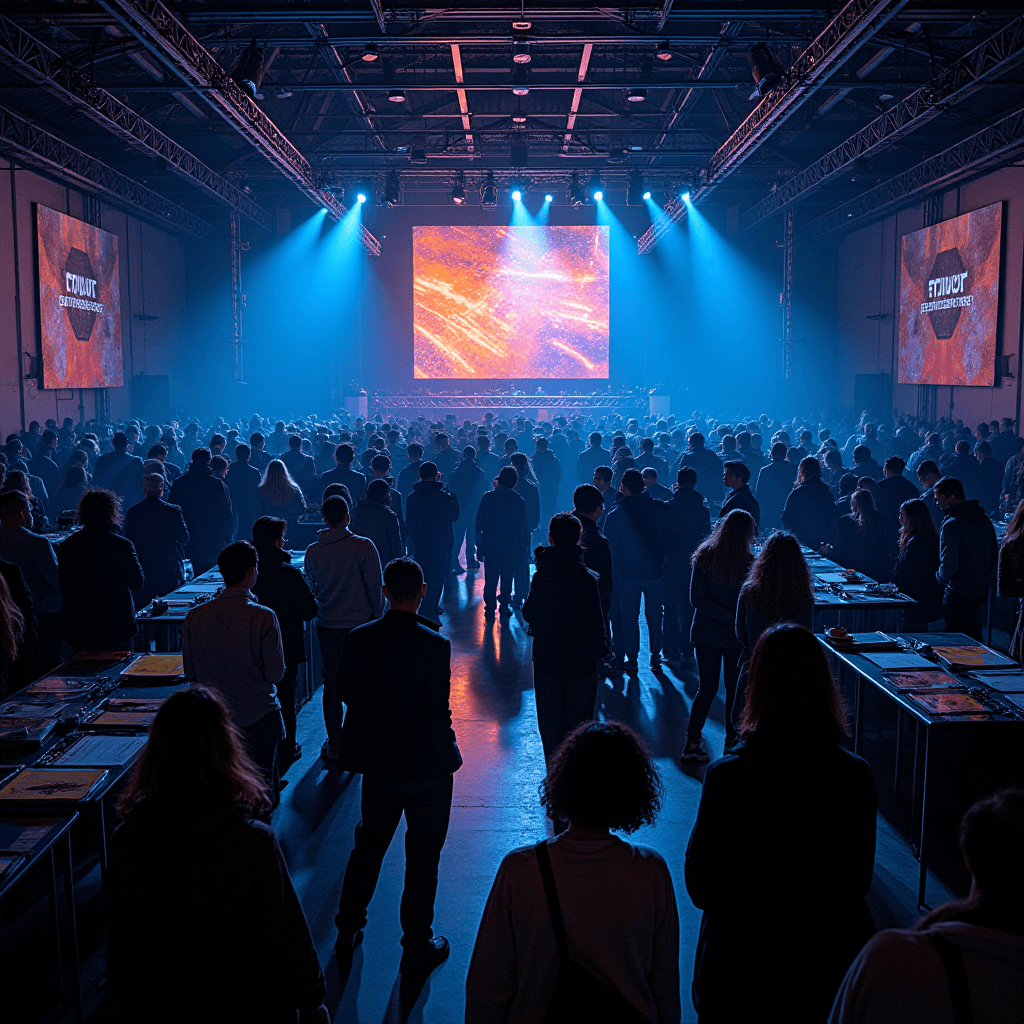 A large crowd gathers in an illuminated auditorium, captivated by a vibrant digital display.