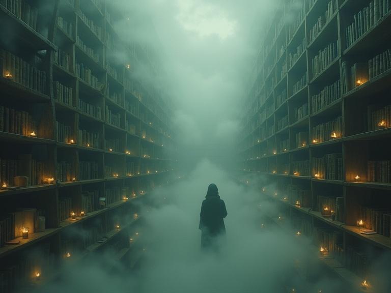 An infinite library filled with fog and mist, bookshelves lined with scrolls. The air is thick, mysterious sounds echo through. Candlelight illuminates the space, creating an eerie atmosphere. A single figure stands at the center, enhancing the sense of solitude and wonder.