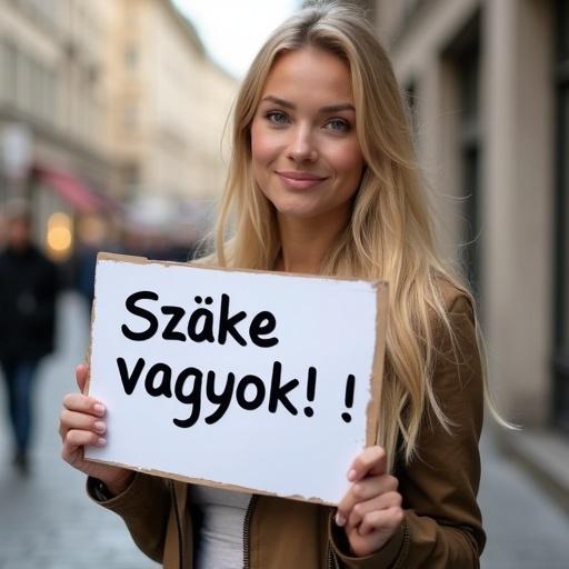 A portrait of a blonde woman smiling while holding a sign. The sign features the phrase Szőke vagyok! in large letters. The background shows a street with blurred figures walking by. The focus is on the woman and the sign.