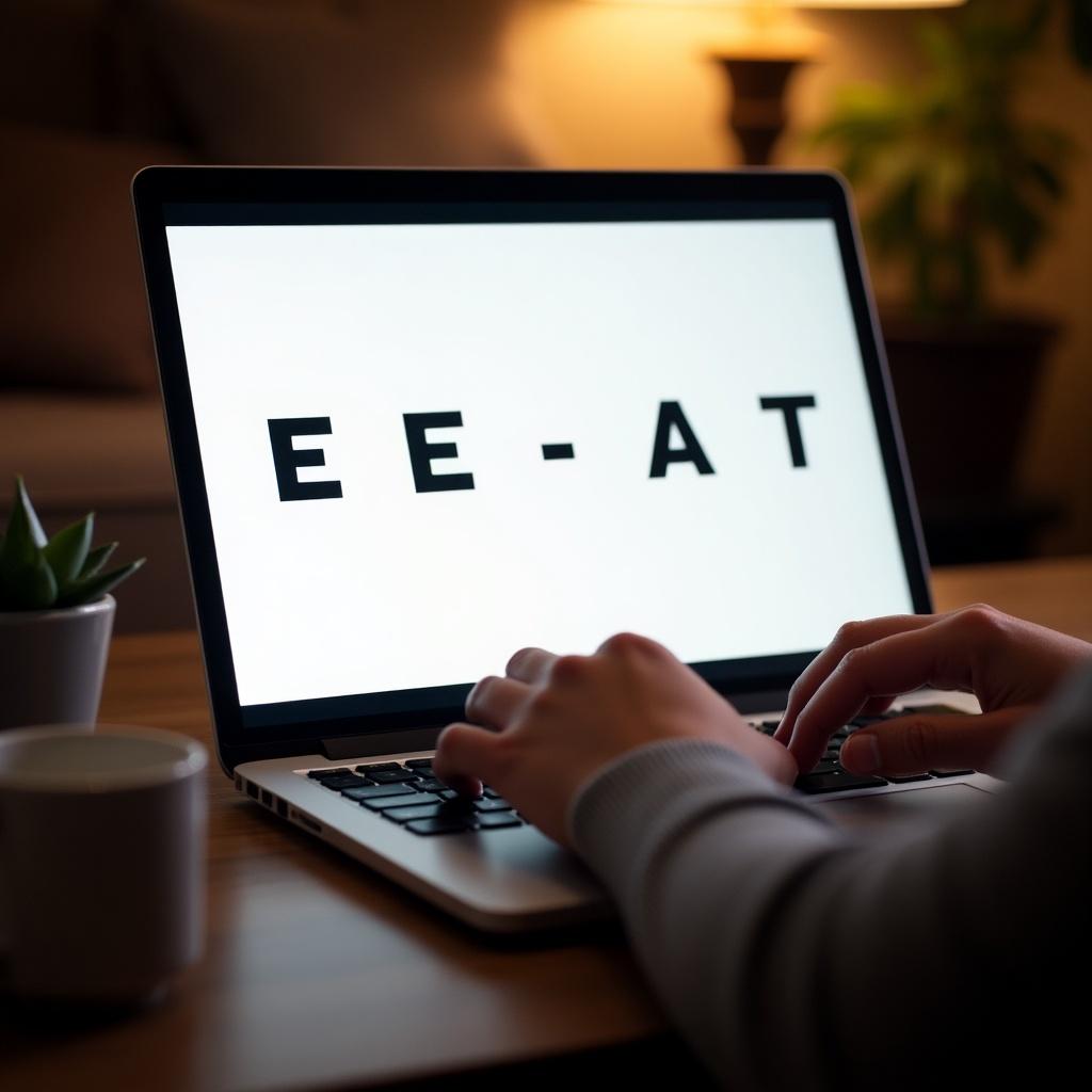 A person types on a laptop keyboard. The screen displays the text E-E-A-T on a white background. The setting appears warm and calm.