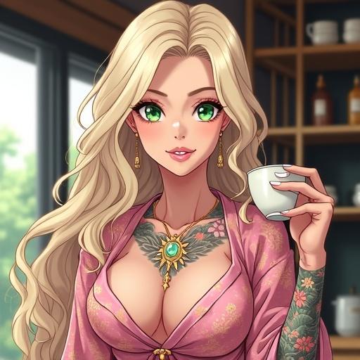 Anime character in futuristic kitchen. Beautiful woman with emerald eyes. Elegant blonde hair wearing pajamas. Traditional tattoos on arms. Holding a coffee cup. Inside a luxurious mansion. Summer morning mood.
