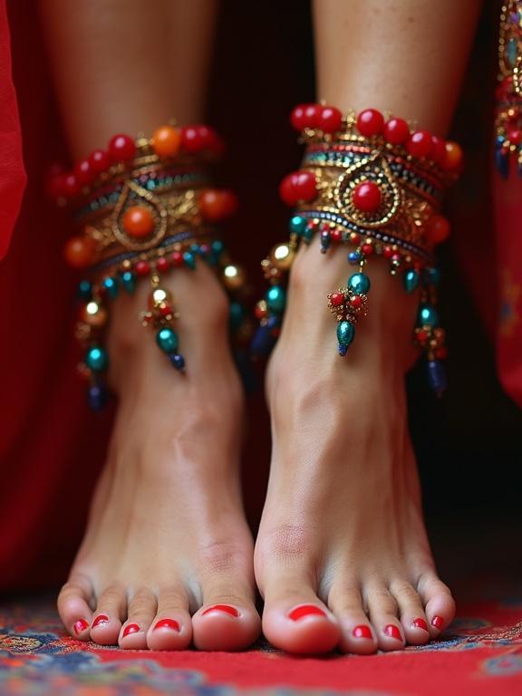 Feet of a woman with colorful, manicured toenails. Feet adorned with traditional anklets. The setting hints at belly dancing culture with vibrant designs.