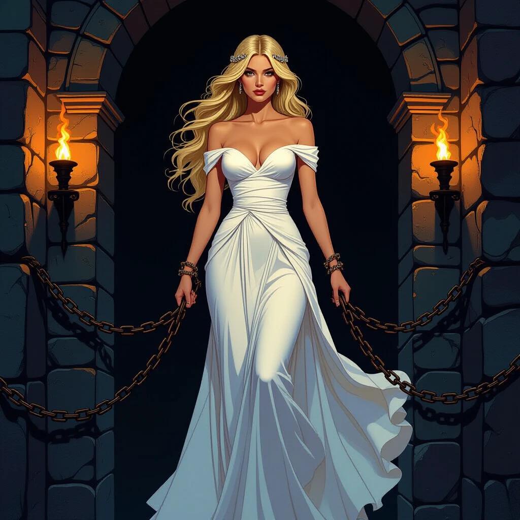 A tall woman with long blonde hair wearing a white gown is standing at the edge of a dark abyss. She has a defiant and sorrowful expression. Her wrists are bound by ornate chains leading into darkness. Torches are lit on the stone walls, creating shadows and a dark ambiance. The scene has elements of dark fantasy and art nouveau styles.