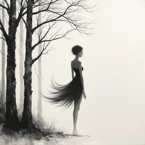 Human silhouette in a forest with flowing movement. Monochrome minimalist sketch with delicate ink lines.  Inspired by traditional Asian brushwork.