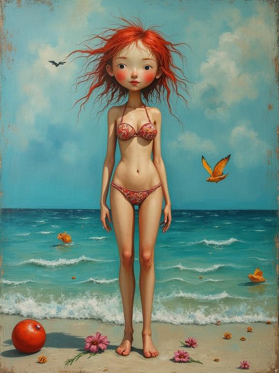 A girl with bright red hair stands on the beach. She wears a sculptural bikini. The sea is in the background with flying birds. An orange ball and flowers are on the sandy shore.