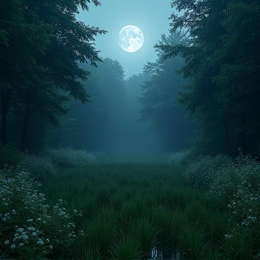 A small clearing with long grass in an overgrown forest. Wildflowers partially border the clearing. The scene is dark but illuminated by gentle moonlight. It evokes feelings of eerie beauty and fear.