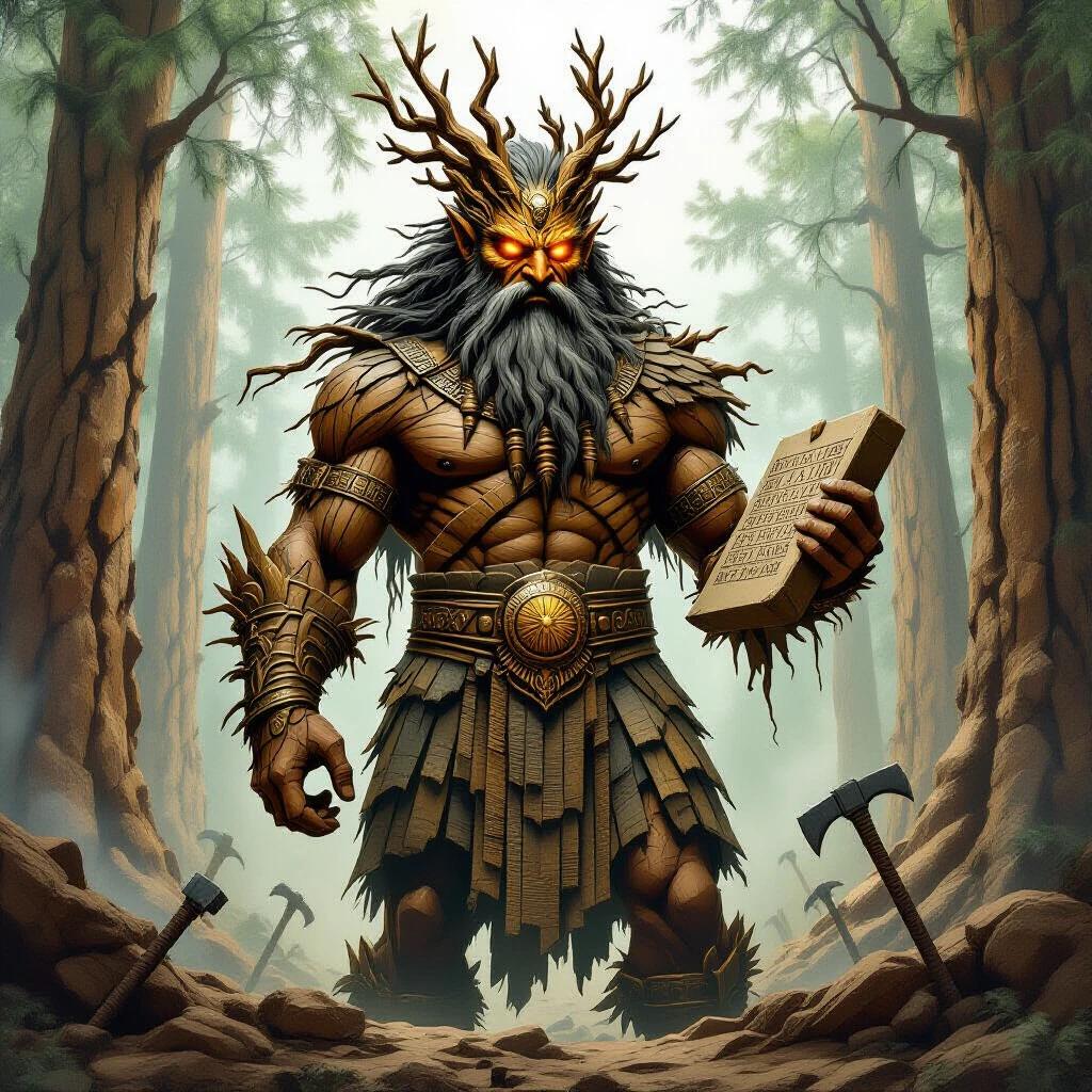 Mythological depiction of Humbaba guardian of Cedar Forest from Mesopotamian legends. Towering figure with textured bark-like skin glowing amber eyes. Wild bronze-tipped hair with cedar branches. Clad in ancient armor made of petrified wood. Standing in misty forest background. Hands morph into root-like claws holding a stone tablet with cuneiform warnings. Broken weapons in ground. Stylized as bronze relief with high detail.